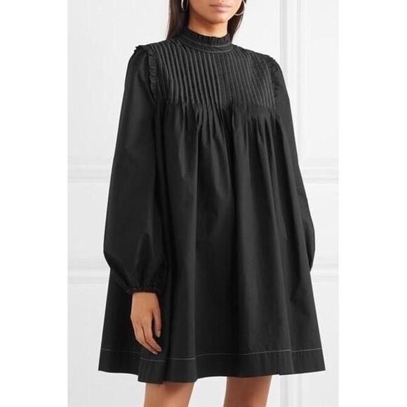 Ganni Women's Black Pintucked Cotton-Poplin Contrast Stitch Dress Size 36 Small - Picture 16 of 16